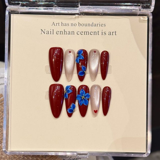 YADORNOS Kunstnägel, Mandelform, 3D blaues Blumendekor, 10 Stück, Glänzend - Bild 1