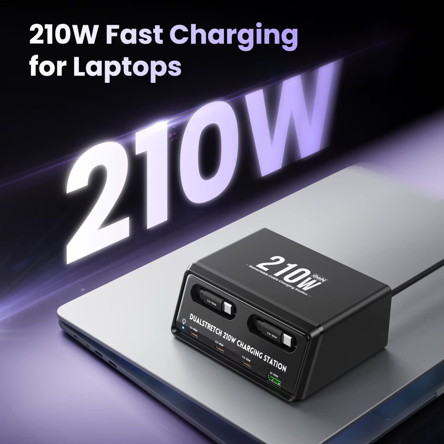 TOPZERO 6-in-1 GaN USB-C Schnellladestation mit einziehbarem Typ-C-Kabel, Power Combo Tower Ladegerät in Schwarz - Bild 2