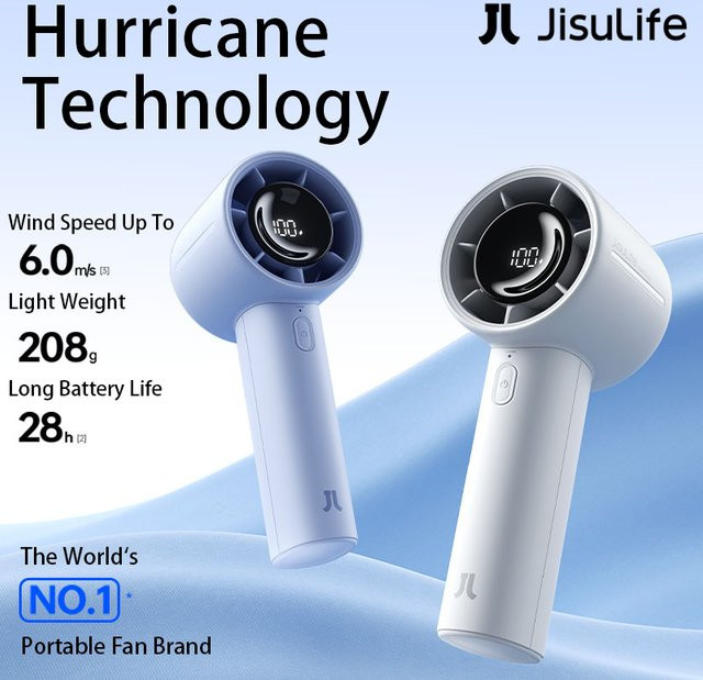 JISULIFE Mini Handheld Ventilator Life10s mit 5000mAh Akku, wiederaufladbar, 5 Windstufen, Grau oder Blau - Bild 1