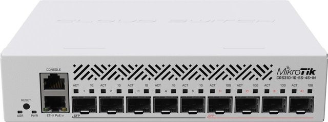 MikroTik CRS310-1G-5S-4S+IN Switch mit L3, 5 x Gigabit SFP, 4 x 10 Gigabit SFP+ und 1 x 10/100/1000 Ethernet, PoE+ und DC-Stromversorgung, Weiß - Bild 1
