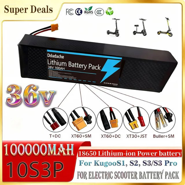 Ddadache Lithium-Ion Akku 36V 100000 mAh für KUGOO S1 S2 S3 Elektrische Scooter, Schwarz mit BMS - Bild 1