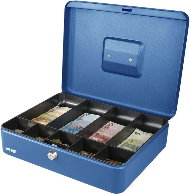 HMF Geldkassette mit Scheinfächern und Münzfächern aus Stahl, Blau, B/T/H: 30 x 24 x 9 cm - Bild 1