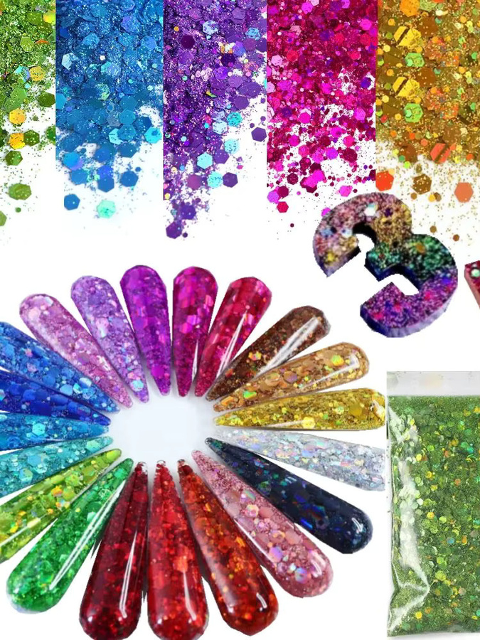 Holografisches Laserflocken-Nagelglitzerpulver in Gold und Multicolour für Schmuckherstellung und DIY-Harz, 50 g - Bild 5