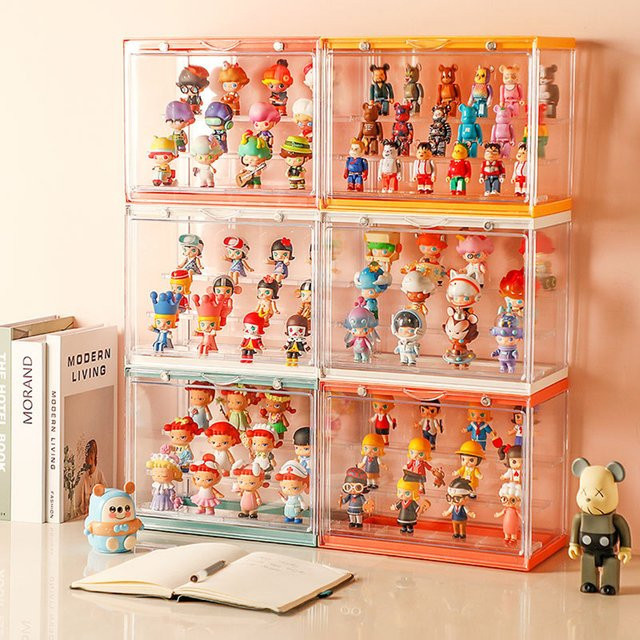 Staubdichte Acryl Vitrine für Blind Box Figuren und Puppen Modelle, Transparent/Gelb, Rechteckiges Display Rack aus Kunststoff - Bild 1