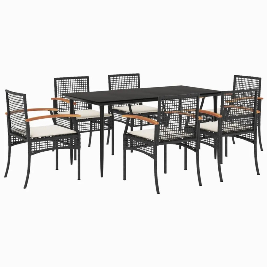 vidaXL 7-teilige Garten-Essgruppe aus Poly Rattan und Akazienholz in Schwarz mit cremeweißen Kissen und Glastisch - Bild 2