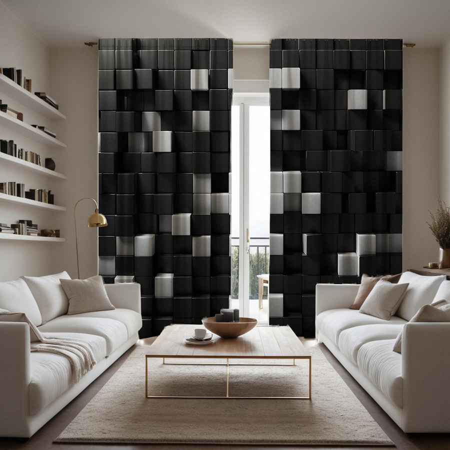 2er-Set MH Vorhänge mit modernem Schwarz-Weiß Holzblock-Design, halbtransparent, B: 132 cm, H: 160 cm - Bild 3