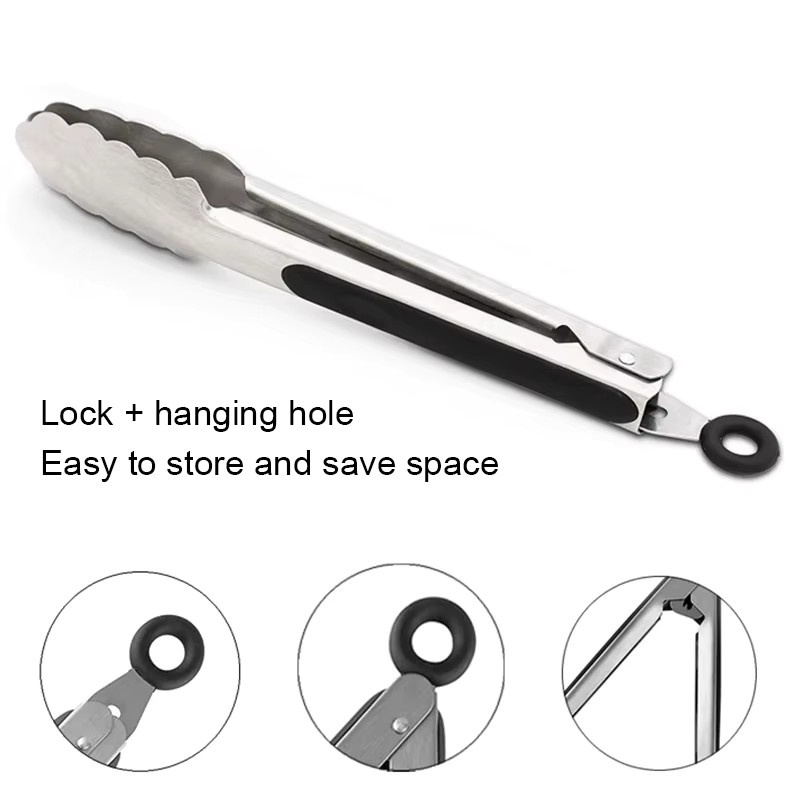 Edelstahl BBQ Grillzange in Silber zum Servieren von Grillgut und Lebensmitteln mit rutschfestem Griff - Bild 3