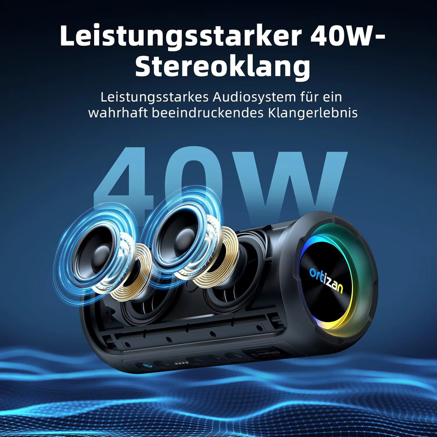 Ortizan Bluetooth-Lautsprecher mit 40 W, tragbarer TWS-Lautsprecher mit Stereo-Sound-Bass, Bluetooth 5.3, USB Typ C und 6600 mAh Akku - Bild 2