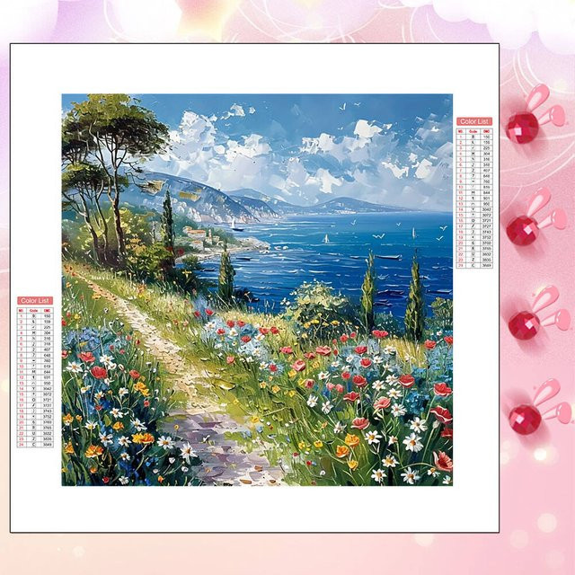 HUACAN 5D Diamant-Mosaik Set Landschaft mit Meer und Bergen, rund, mehrfarbig, Durchmesser: 20 cm - Bild 1