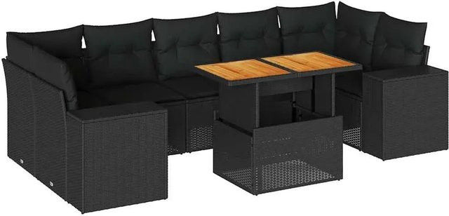 vidaXL 8-teilige Garten-Sofagarnitur in L-Form aus Polyrattan und Akazienholz mit Kissen in Schwarz - Bild 1