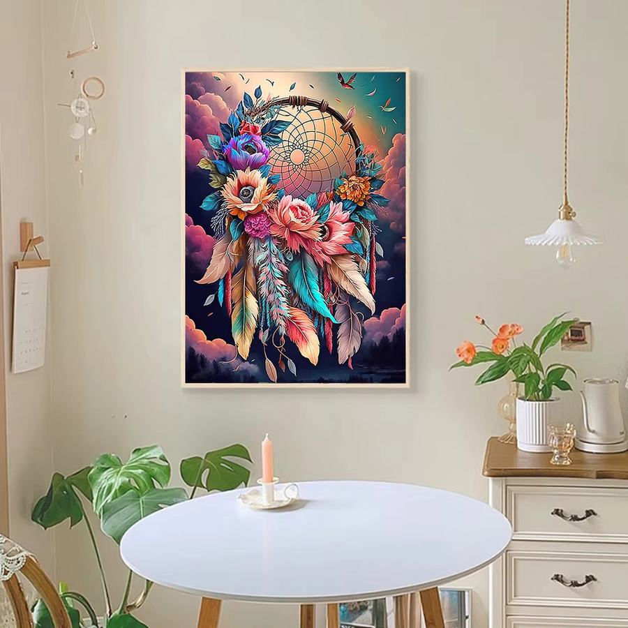 Momoart Diamantmalerei Dreamcatcher DIY mit Blumen und Federn in Multicolour, runde Wanddekoration im Boho-Stil, Durchmesser: 20 cm - Bild 3