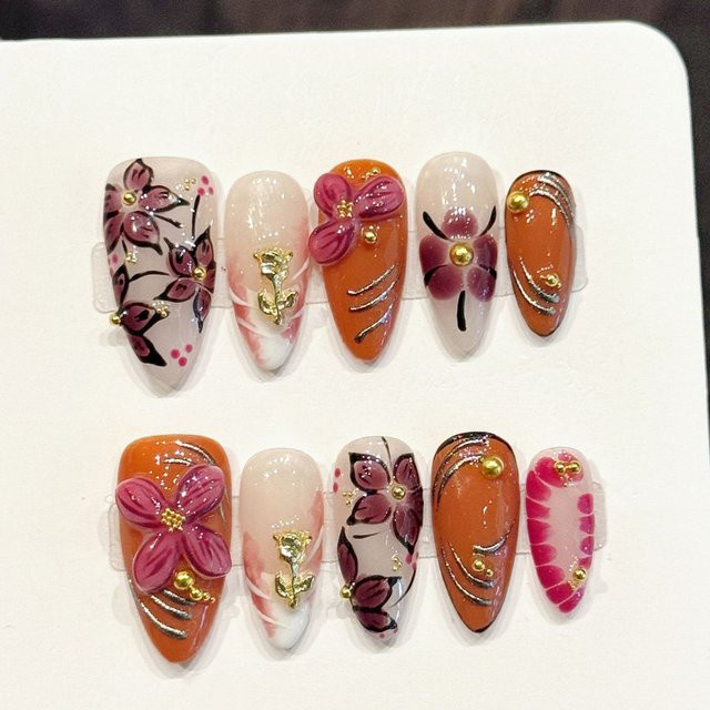 YADORNOS Press on Nails, 10 Stück, Mandel, 3D-Blüten, Glänzend, Damen - Bild 1