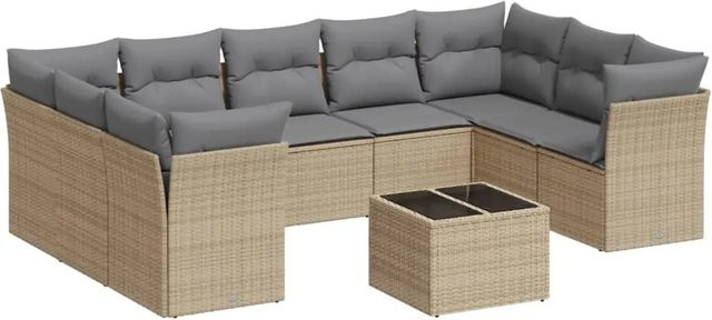 vidaXL 10-teilige Garten-Sofagarnitur aus Poly-Rattan mit Kissen in Beige-Grau - Bild 1