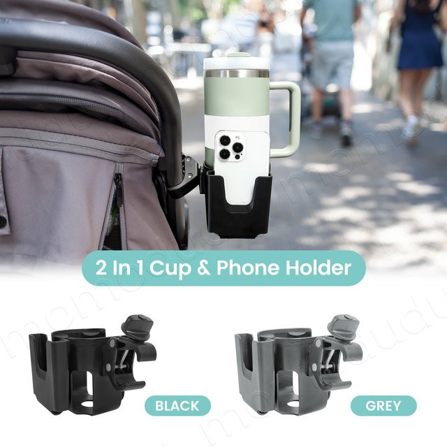Kisslanding 2-in-1 Universal-Kinderwagen-Getränkehalter mit Telefonhalter, 360 Grad drehbar und verstellbar, in Grau oder Schwarz - Bild 1