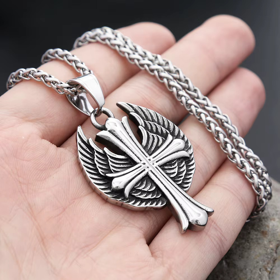 NORTHMAN Halskette, Kreuz mit Engelsflügeln, Edelstahl, Silber, Unisex - Bild 4
