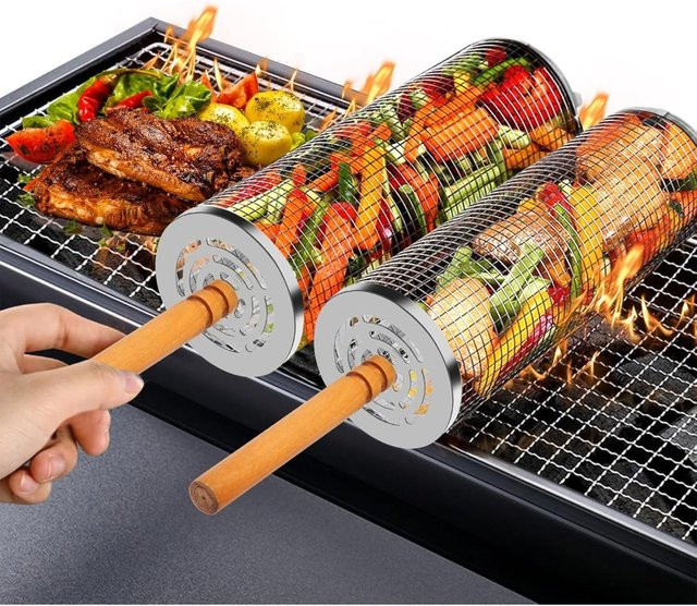 FEB.WIND Nesting-Grillkörbe aus Edelstahl 304 in Silber mit abnehmbarem Holzgriff und rundem Grillnetz - Bild 1
