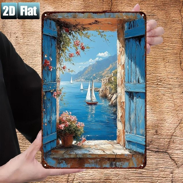 HELLOYOUNG Rustikaler Blechfensterrahmen mit Seeblick-Motiv als Wanddekoration, Mehrfarbig, Breite: 20,32 cm, Höhe: 30,48 cm - Bild 1