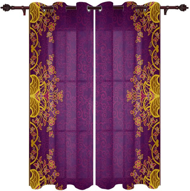 Barocke Fenstervorhänge Super Six mit floralem Blumenmuster in Gold und Lila, semi-transparent, B: 135 cm, H: 215 cm - Bild 1