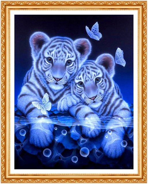 FIYO Diamant-Stickerei Tiger Motiv mit runden Diamanten in Blau, B/H: 20 x 30 cm - Bild 1