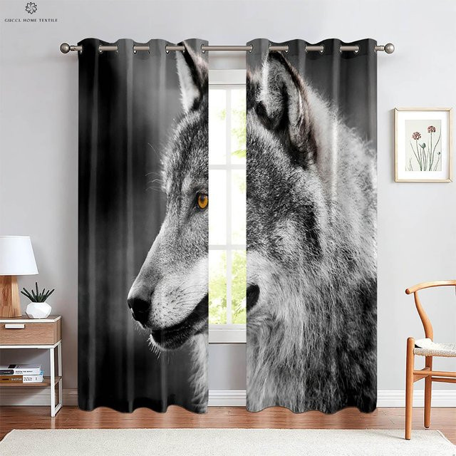 Yiran Furniture Wolf unter dem Sternenhimmel 3D-Druck Vorhänge, 2er-Set, Schwarz, B: 50 cm, H: 130 cm - Bild 1