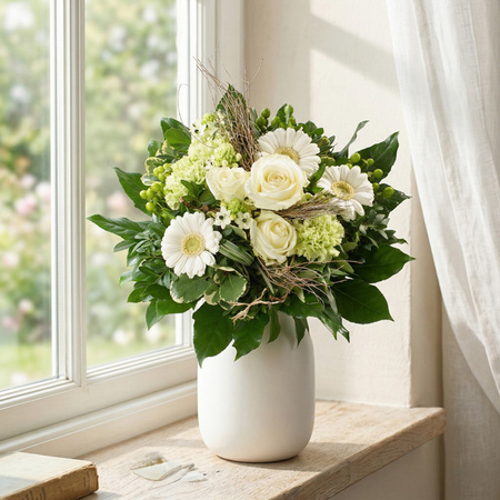 Blumenstrauß Edelweiß Rose Gerbera Nelke Greenery White Get well soon