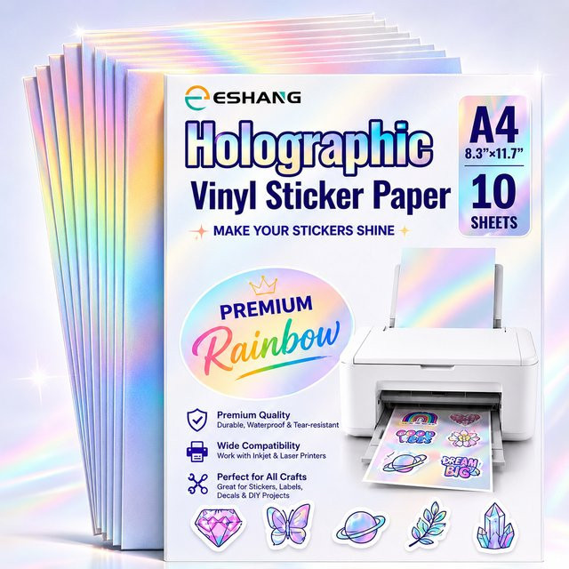 10er-Pack A4 Holografisches Vinyl-Aufkleberpapier in Multicolour, Wasserfeste Regenbogen-Selbstklebefolien für Tintenstrahl- und Laserdrucker für deine DIY-Bastelprojekte - Bild 1