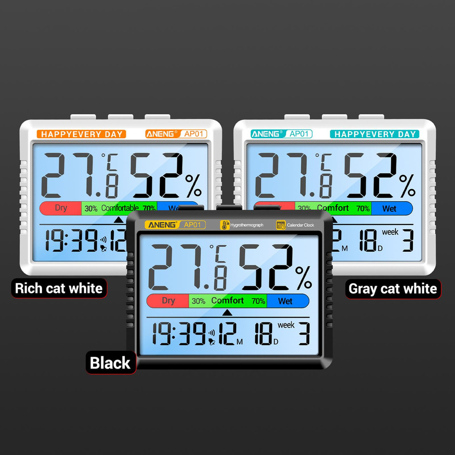 CosyHome Multifunktionales Thermometer Hygrometer mit Weckerfunktion und integriertem Akku, Schwarz - Bild 4