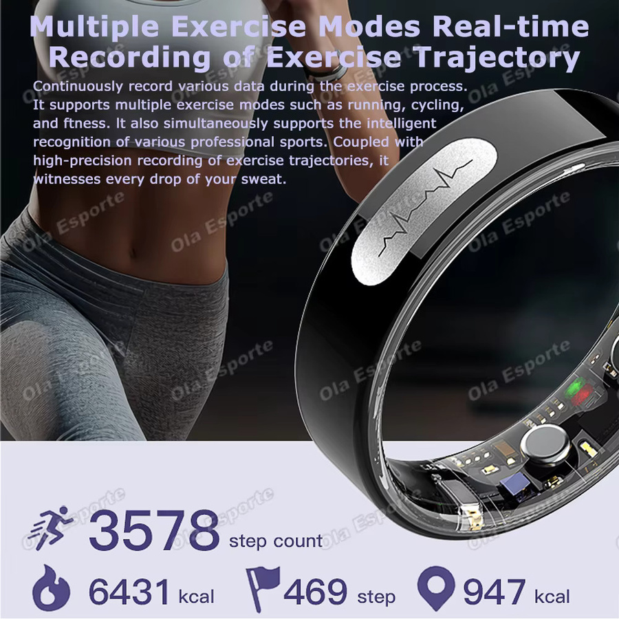 Ola Esporte Smart Ring mit EKG-Monitor, Herzfrequenz- und Blutsauerstoffmessung, Temperaturüberwachung und Multi-Sport-Modus, 3ATM Wasserdicht, Schwarz, Unisex - Bild 4