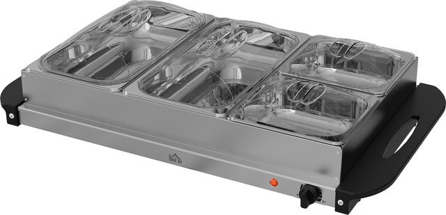 HOMCOM Buffetwärmer Chafing Dish aus Edelstahl mit 6,8 l Fassungsvermögen, 300 Watt und einstellbarem Thermostat, Silber/Transparent - Bild 1