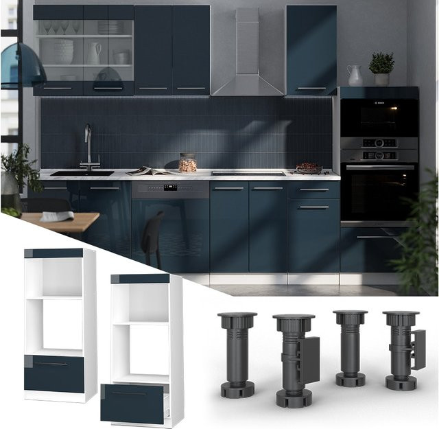 Vicco Mikrowellenschrank Fame-Line in Dunkelblau und Weiß Hochglanz mit Schubladen B/T/H: 60 x 48 x 153,6 cm - Bild 3