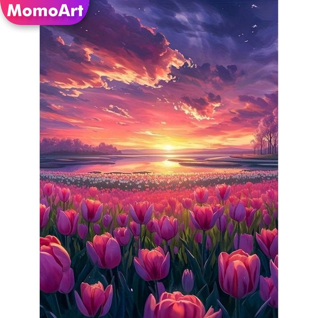 Momoart Diamantmosaik DIY Malset Tulpe im Sonnenuntergang mit runden Diamanten in Mehrfarbig, B: 30,0 cm, H: 20,0 cm - Bild 1