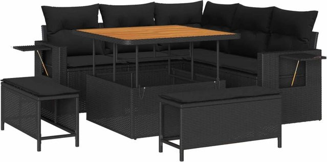 vidaXL Gartensofa-Set aus Poly-Rattan in Schwarz mit 9-teiligem Lounge-Set inklusive Kissen und Outdoor-Couchtisch - Bild 1