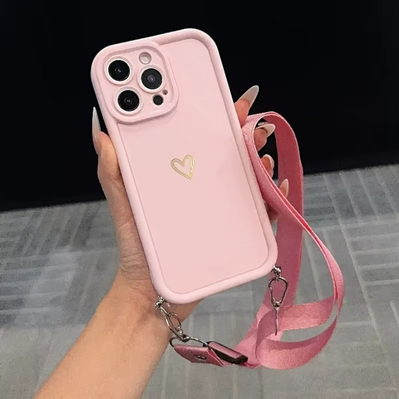 Goldene Handyhülle mit Herz-Design für Apple iPhone 16, 15, 14, 13, 12, 11 Pro Max, Air, X, XR, XS inklusive verstellbarem Hängeseil - Bild 2