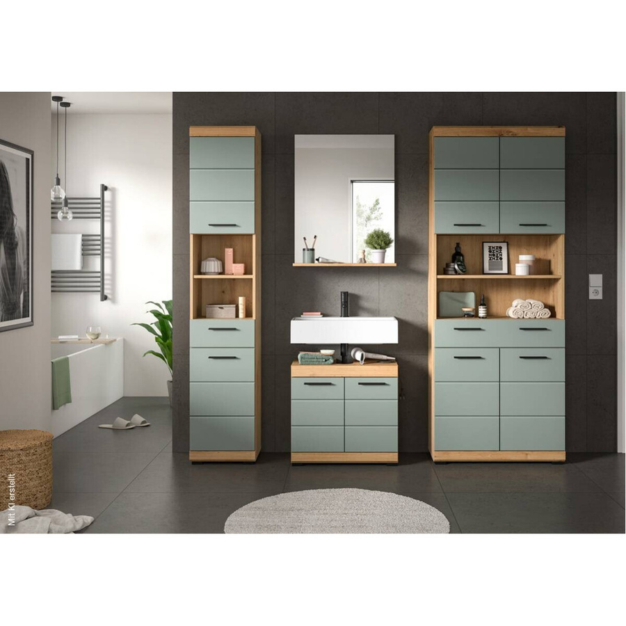 Badkombination Xonox Scout in Eiche Artisan Nachbildung und Salbei Grün mit Spiegel, Waschbeckenunterschrank und Hochschrank, B/H/T: 186 x 191 x 34 cm - Bild 2