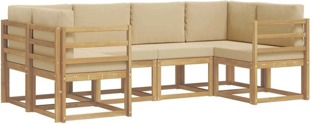 vidaXL Outdoor-Sofagarnitur L-Form aus Akazienholz mit Kissen in Weiß und Beige - Bild 1