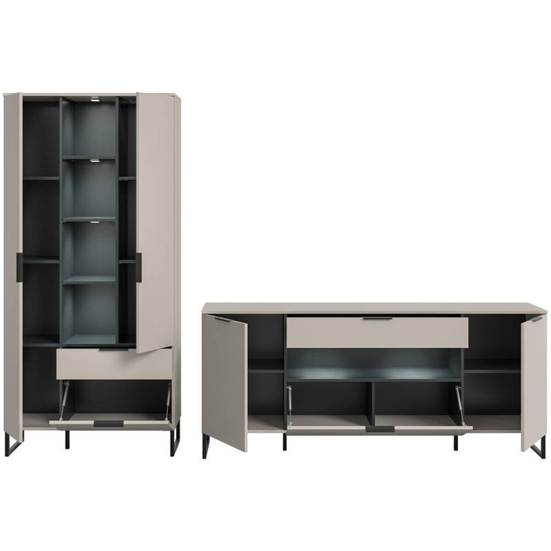 Wohnwand Noida von xonox.home in Kaschmirgrau und Schwarz, modernes Sideboard mit integrierter Beleuchtung und internen Regalen, B/H/T: 290 x 192 x 41 cm - Bild 5