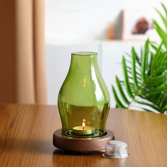 Vintage Glas-Kerzenwärmer in Grün zum Schmelzen von Wachs und ätherischen Ölen mit Tealight-Halterung - Bild 1