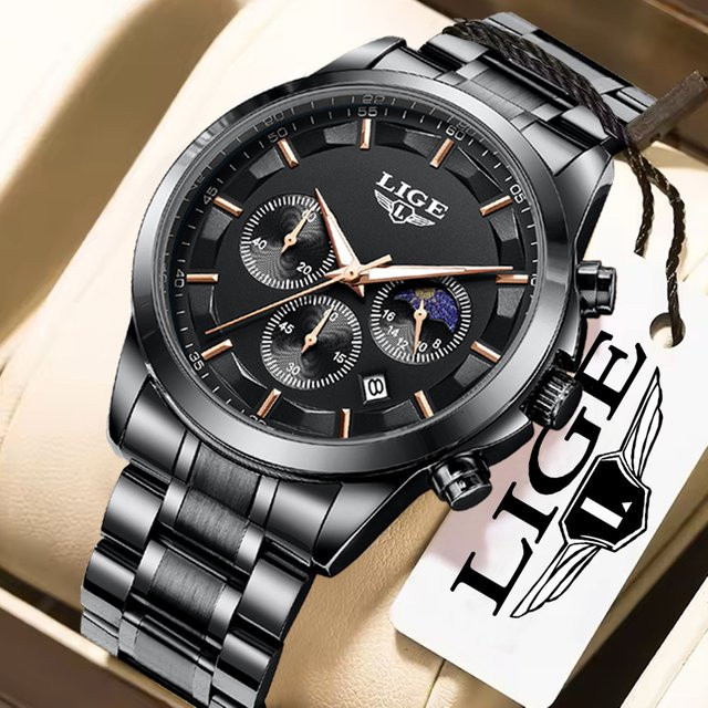 LIGE Chronograph, Quarz, Edelstahl, Schwarz, Silber, Herren - Bild 1