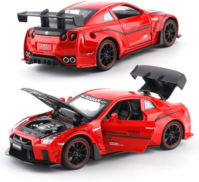 RMZ city GTR R35 R34 Sportwagen Modell, Maßstab 1:32, Metall, Gelb, Blau - Bild 1