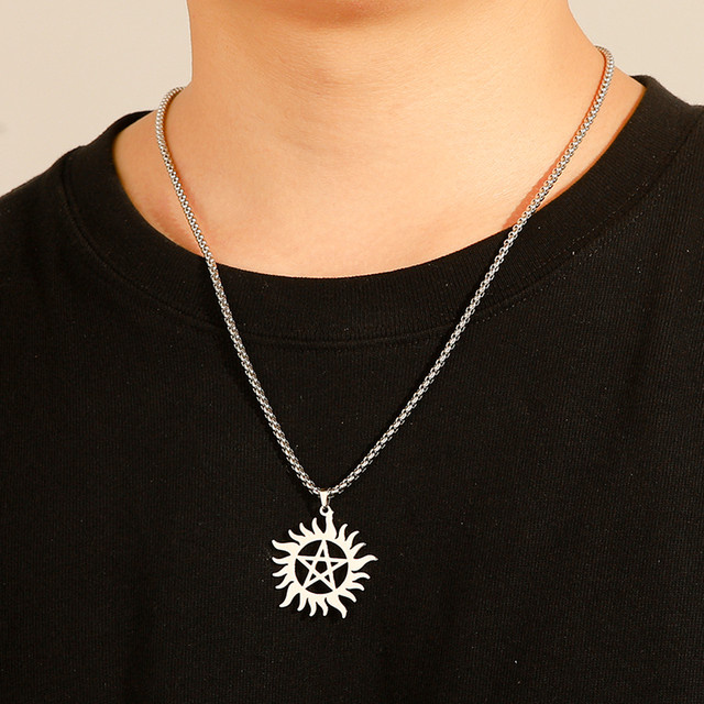 Cazador Halskette Sonnenrad Pentagramm Charm, Edelstahl, Silber, Unisex - Bild 1