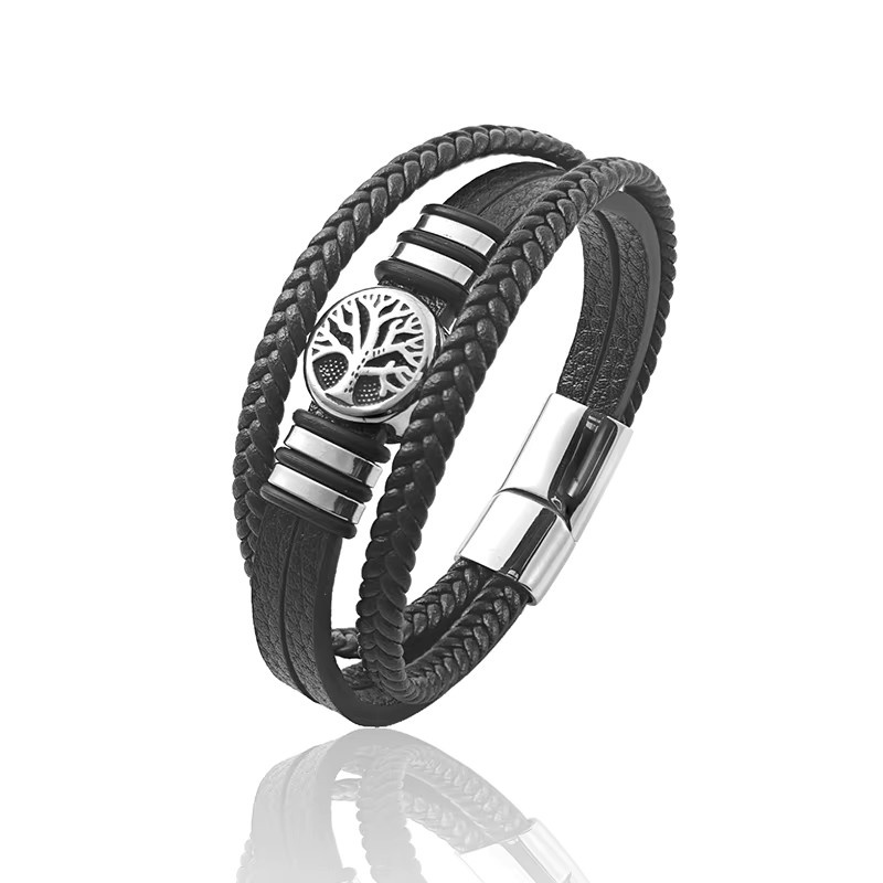 jiangmingao Armband Herren, Leder, Edelstahl, Schwarz, Punk - Bild 2