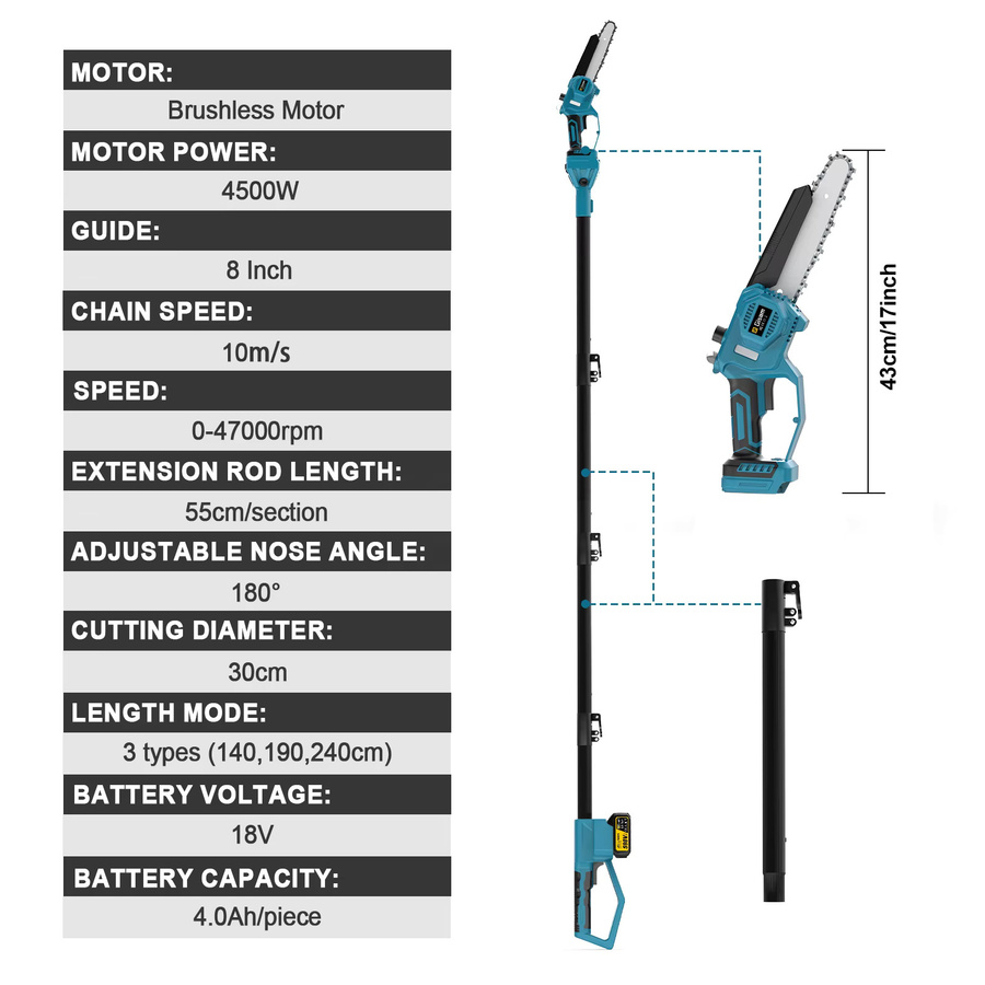 G perfil Elektrische Kettensäge mit 8 Zoll Bürstenlosem Motor und Teleskopstange für Makita 18V LXT Akkus, Blau - Bild 5