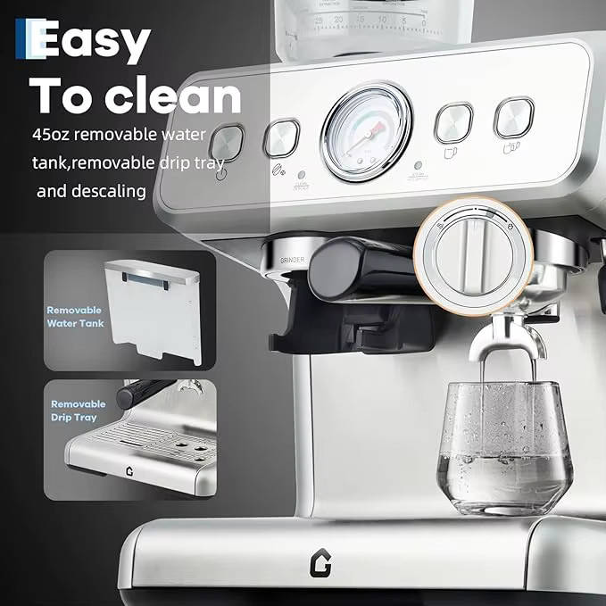 HiMISS Espressomaschine mit integriertem Mahlwerk und Milchaufschäumer, 15 Bar Siebträgermaschine aus Edelstahl in Silber mit abnehmbarem Wassertank und Dampfdüse - Bild 3