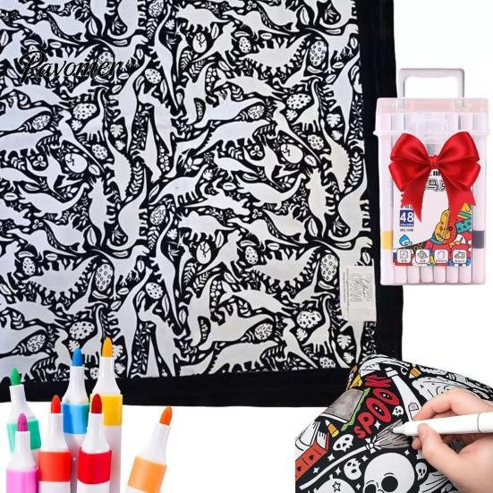 Hercules Personalisierbare DIY Maldecke mit 24 Stiften für Kinder, Kreatives Basteln mit Tiermotiven, Polyester, Weiß/Schwarz, B x H: 150 x 115 cm - Bild 1