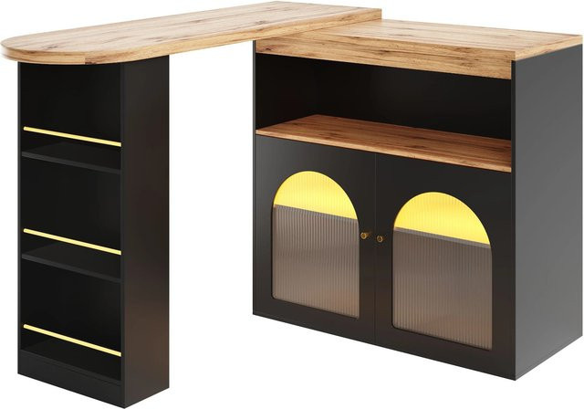 okwish Bartisch mit LED Beleuchtung und Stauraum, ausziehbar, Schwarz, B: 138-193 cm, T: 39 cm, H: 105 cm - Bild 1