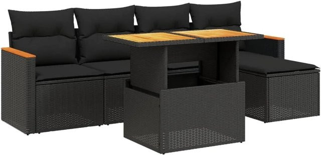 vidaXL 6-teilige Garten-Sofagarnitur aus Poly-Rattan und Akazienholz in Schwarz mit Kissen - Bild 1