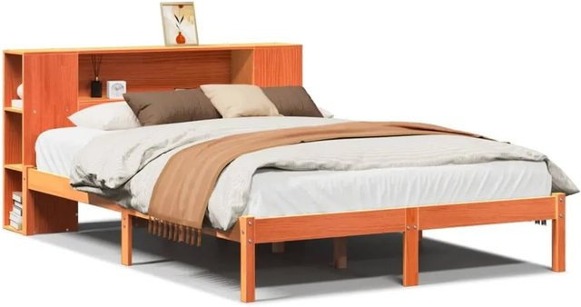 vidaXL Massivholzbett aus Kiefer mit Regal in Braun, B/T/H: 140 x 190 cm - Bild 1