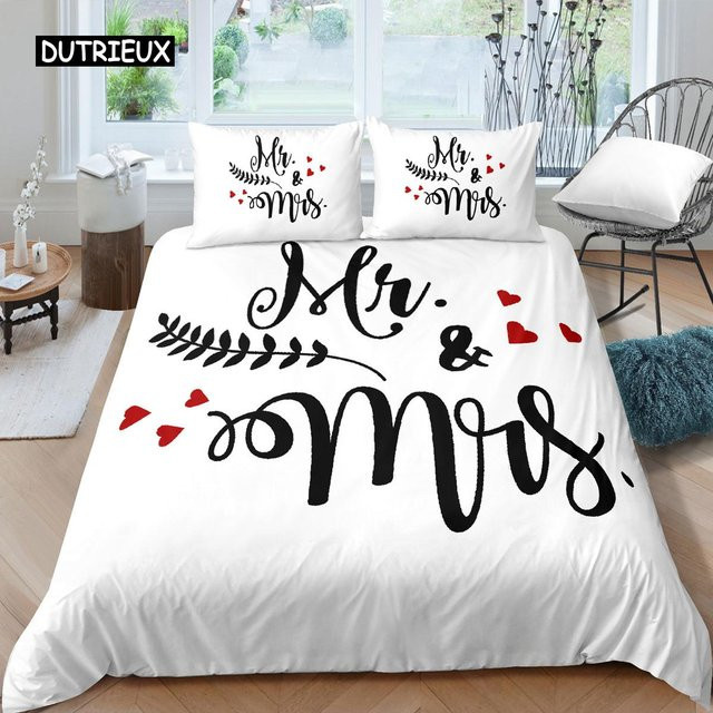 Bettwäscheset Herr und Frau mit Schnurrbart und roten Lippen von Binchi Outdoor Product, Mikrofaser Bettbezug und Kissenbezug, Farbe: Weiß, B/H: 135 x 200 cm - Bild 1