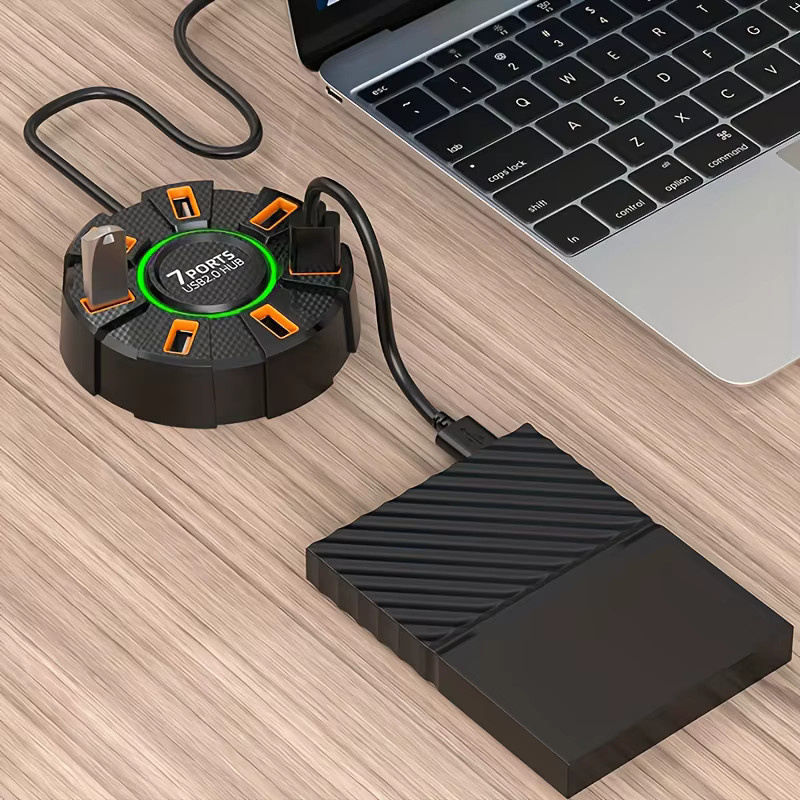 FocusOnPC USB 2.0 Hub mit 7 Ports und LED, Multi-Port Expansion Splitter mit Netzteil für Laptop und Computer, Schwarz - Bild 6