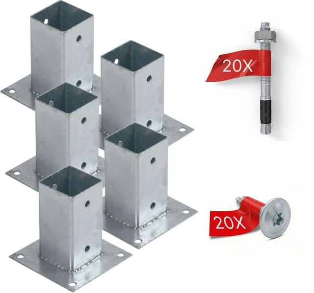 HOLLMAX Pfostenträger Komplettset aus verzinktem Stahl in Silber für Vierkantpfosten, 5 Stück, Aufschraubhülse 71 mm - Bild 1